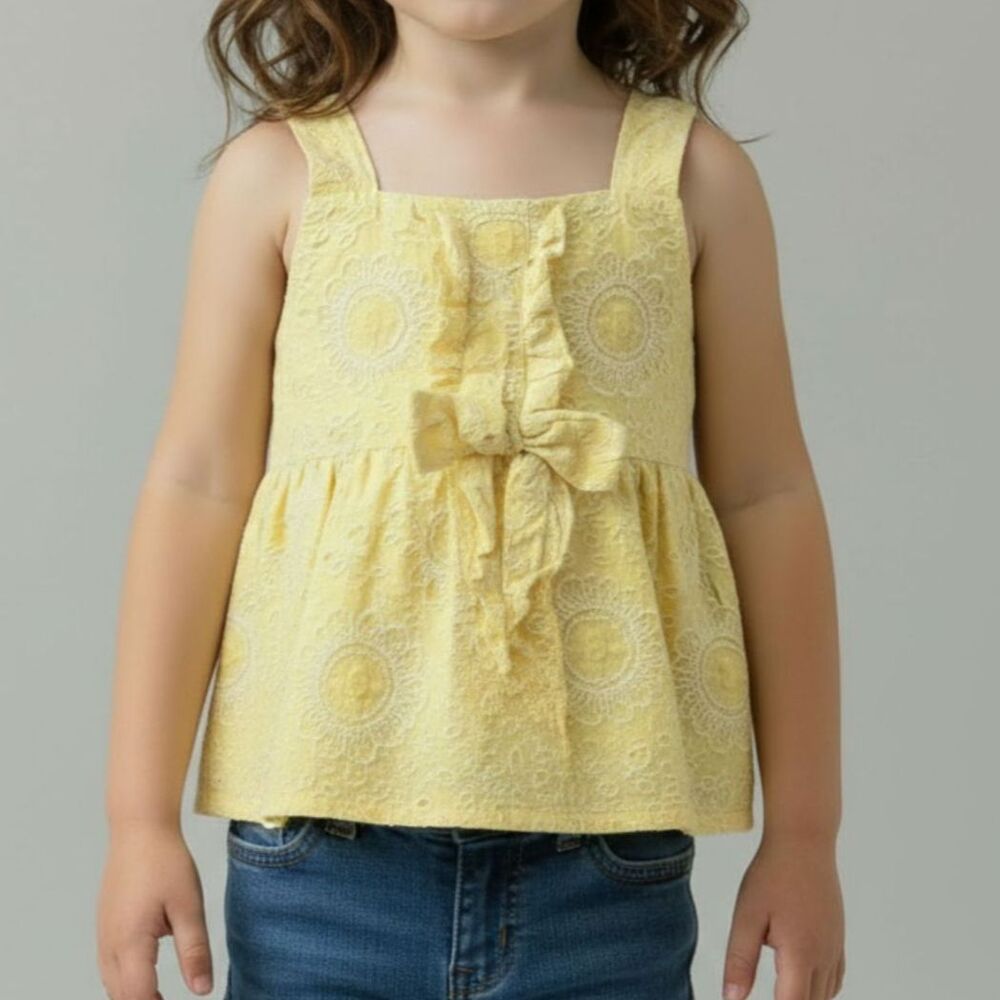 Yellow Eyelet Cutlace White Flowers Prairie Boho Halter Top Blouse Girls 4T-5T